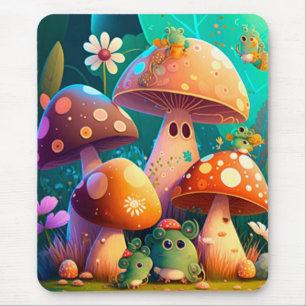 Cute mushrooms and flowers bugs green    mouse pad