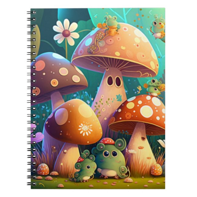 Cute mushrooms and flowers bugs green  notebook (Front)