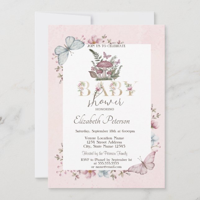 Cute  Mushrooms Butterflies Pink Baby Shower Invitation (Front)
