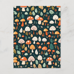 Cute mushrooms leaves cottage core design postcard