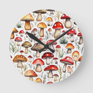Cute mushrooms leaves cottage core design round clock