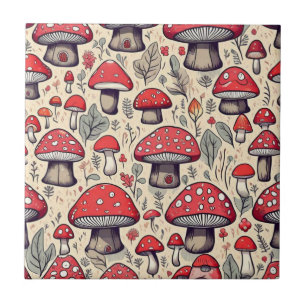 Cute mushrooms leaves cottage core design tile