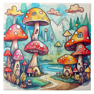 Cute mushrooms leaves cottage core design tile