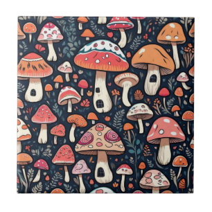 Cute mushrooms leaves cottage core design tile