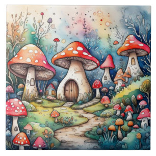 Cute mushrooms leaves cottage core design tile