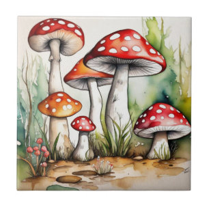 Cute mushrooms leaves cottage core design tile