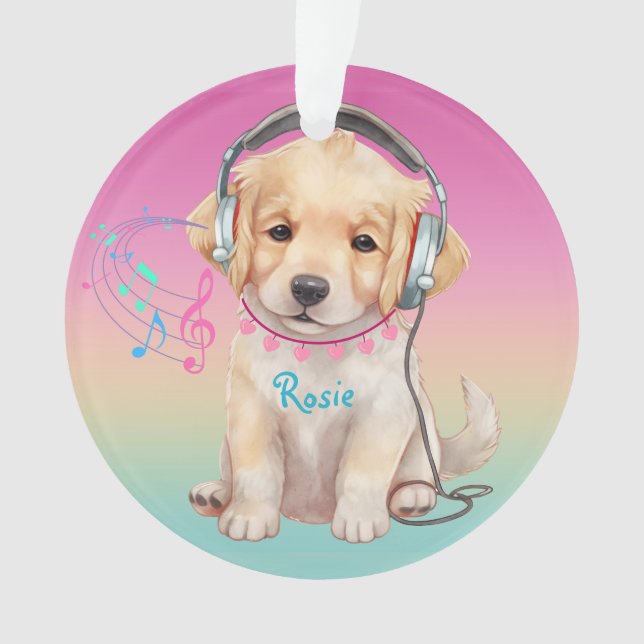 Cute Music Loving Golden Retriever Personalized Ornament (Front)