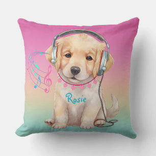 Cute Music Loving Golden Retriever Personalized Throw Pillow