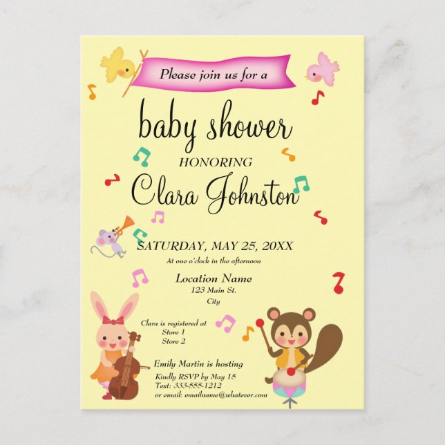 Cute Musical Animals Pink Baby Shower Invitation   Postcard (Front)