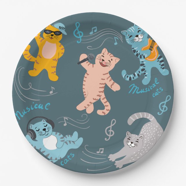 Cute Musical Cats Pattern Kids Birthday Party Paper Plate (Front)