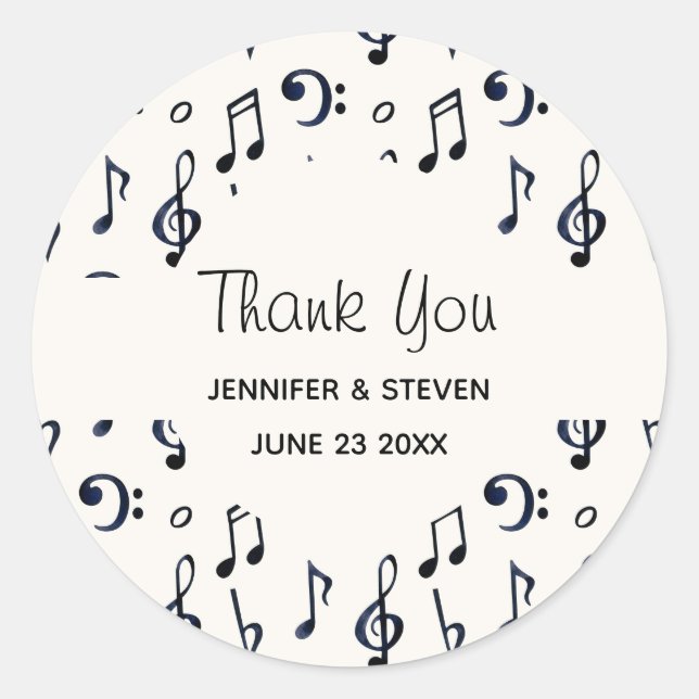 Cute Musical Notes Pattern Thank You Classic Round Sticker (Front)
