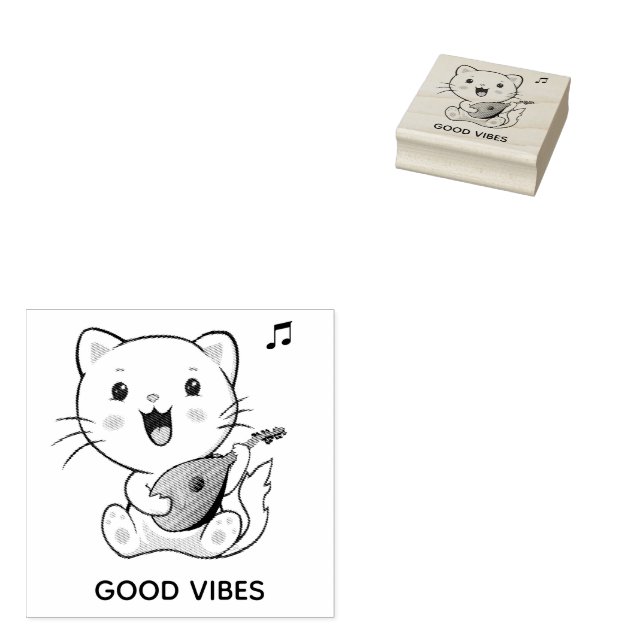 Cute Musical Tabby Cat with Mandolin Rubber Stamp (Stamped)