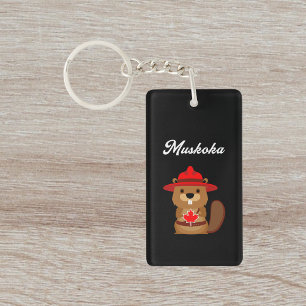 Cute Muskoka Canada Beaver with Red Hat Dark Keychain