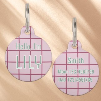Cute Muted Pink Grid Custom Dog ID Tag