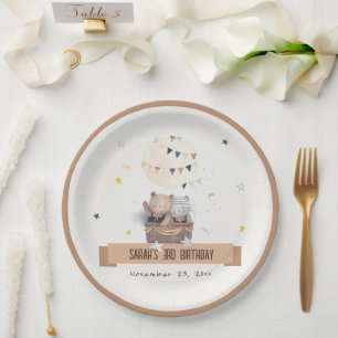 Cute Muted Teddy Hot Air Balloon Kids Birthday Paper Plate