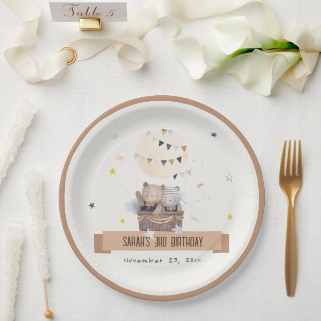 Cute Muted Teddy Hot Air Balloon Kids Birthday Paper Plate (Wedding)