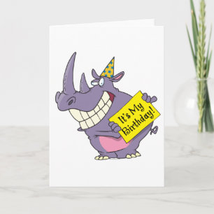 cute my birthday rhino party celebration cartoon card
