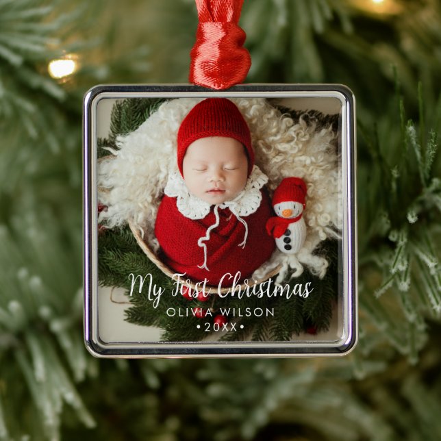 Cute My First Christmas Newborn Baby Photo Metal Ornament (Tree)
