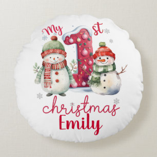 Cute My First Christmas Snowmen Personalize Baby  Round Pillow