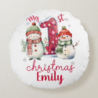 Cute My First Christmas Snowmen Personalize Baby Round Pillow