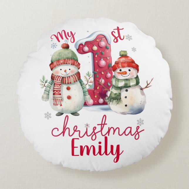 Cute My First Christmas Snowmen Personalize Baby  Round Pillow (Front)
