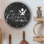 Cute MY KITCHEN MY RULES Black White Typography  Large Clock<br><div class="desc">Cute MY KITCHEN MY RULES Black White Typography Large Clock . "MY KITCHEN MY RULES " quote written in white on a black  background in a pretty typography style makes it perfect for the kitchen decor. For any customization ,  feel free to contact me at mypaperlove2021@gmail.com</div>