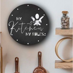 Cute MY KITCHEN MY RULES Black White Typography  Large Clock