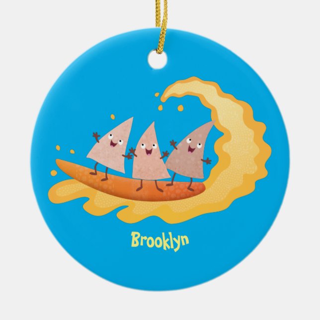 Cute nachos corn chips surfing cartoon ceramic ornament (Front)