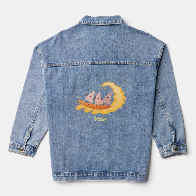 Cute nachos corn chips surfing cartoon  denim jacket (Back)