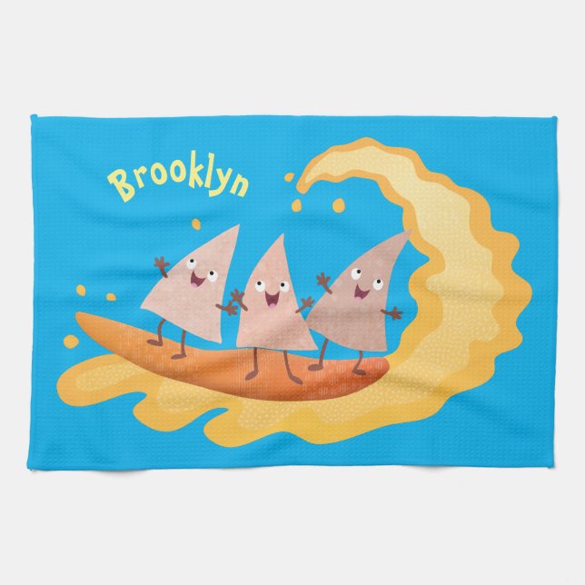 Cute nachos corn chips surfing cartoon  kitchen towel (Horizontal)