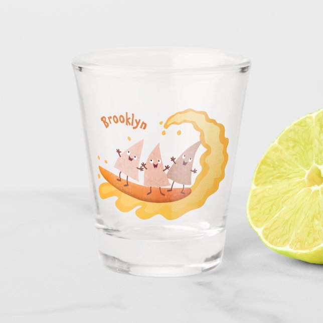 Cute nachos corn chips surfing cartoon shot glass (Front)