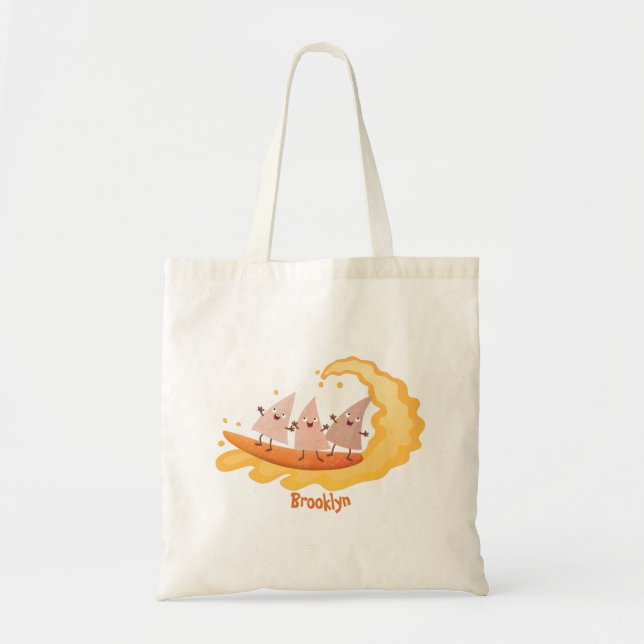 Cute nachos corn chips surfing cartoon tote bag (Front)