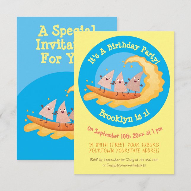 Cute nachos corn chips surfing party invitation (Front/Back)