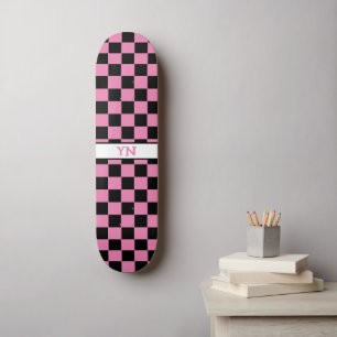 Cute Name Initials Chequered Black and Pink Skateboard