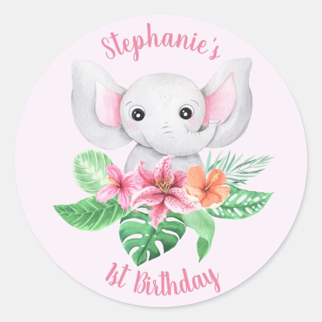 Cute Name Jungle Pink Grey Elephant 1st Birthday Classic Round Sticker (Front)