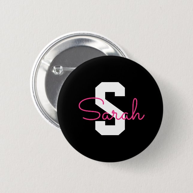 Cute Name & Monogram | Black White & Pink 2 Inch Round Button (Front & Back)