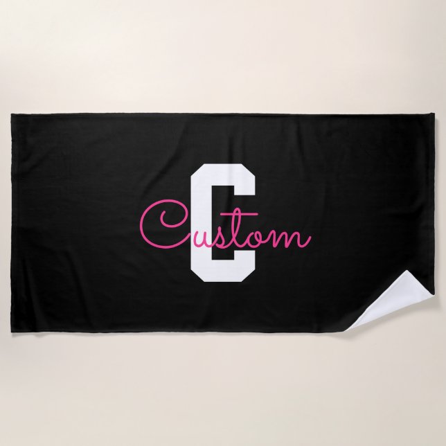 Cute Name & Monogram | Black White & Pink Beach Towel (Front)