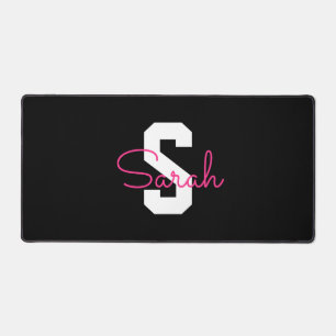 Cute Name & Monogram Black White & Pink Desk Mat