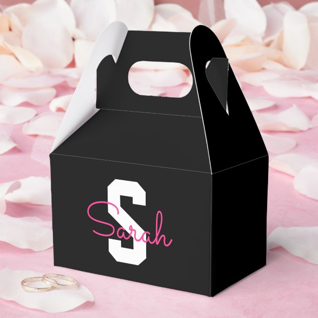 Cute Name & Monogram | Black White & Pink Favor Box (Wedding)