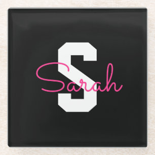 Cute Name & Monogram Black White & Pink Glass Coaster