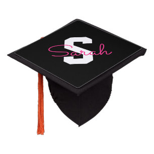 Cute Name & Monogram Black White & Pink Graduation Cap Topper