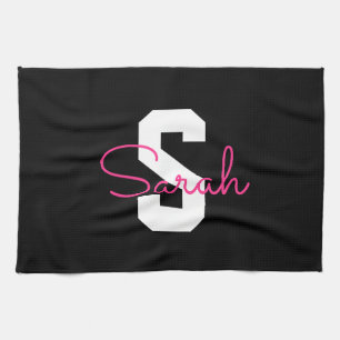 Cute Name & Monogram Black White & Pink Kitchen Towel