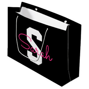 Cute Name & Monogram   Black White & Pink Large Gift Bag