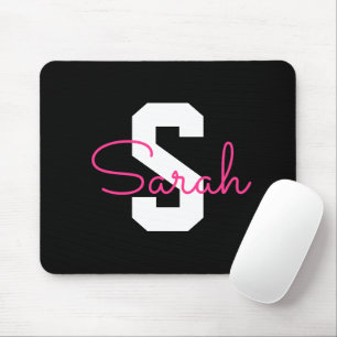 Cute Name & Monogram Black White & Pink Mouse Pad