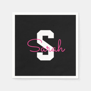 Cute Name & Monogram Black White & Pink Napkin