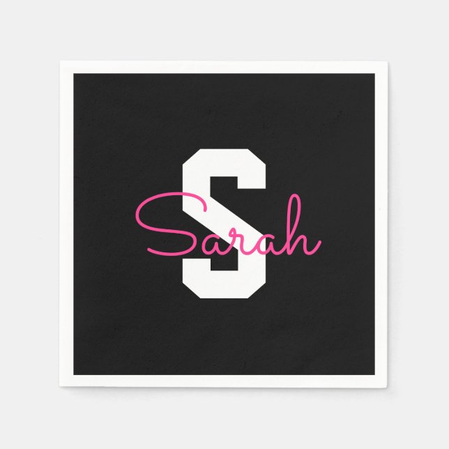 Cute Name & Monogram | Black White & Pink Napkin (Front)