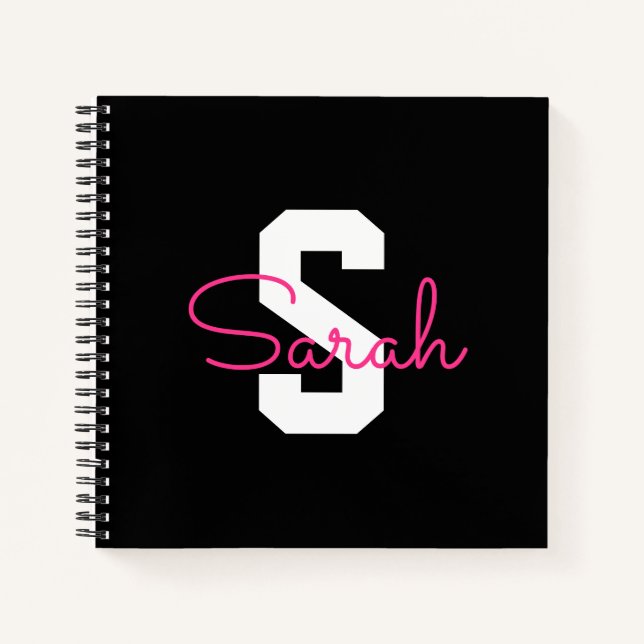 Cute Name & Monogram | Black White & Pink Notebook (Front)