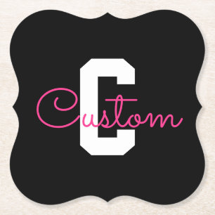 Cute Name & Monogram Black White & Pink Paper Coaster