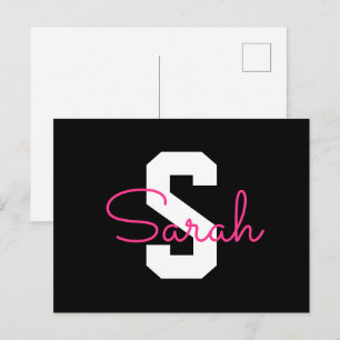 Cute Name & Monogram   Black White & Pink Postcard
