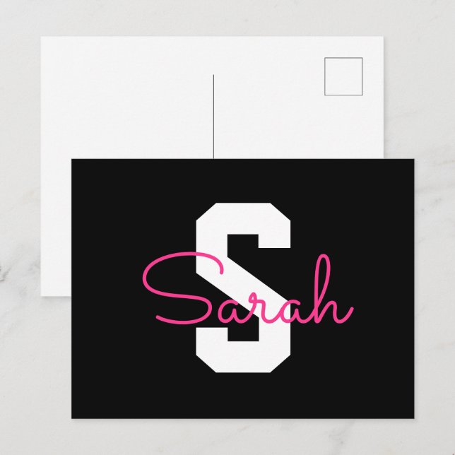 Cute Name & Monogram | Black White & Pink Postcard (Front/Back)
